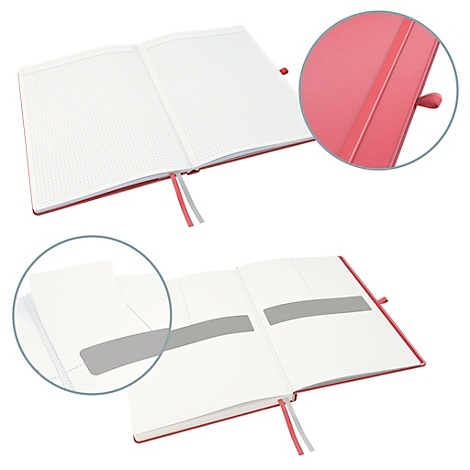 Carnet rouge ouvert avec pages blanches lignées. Des vues de détail montrent des signets et une poche intérieure.