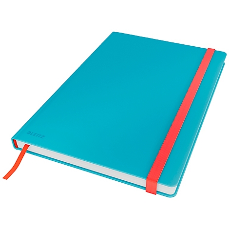 Cahier turquoise avec élastique rouge et marque-page. "Leitz" est écrit sur la couverture.