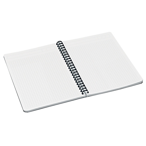 Cahier ouvert avec pages quadrillées et reliure à spirale, sur fond blanc. Le cahier est légèrement ouvert.