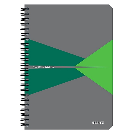 Cahier gris avec reliure à spirale. Des triangles verts et vert clair sont sur le devant. Le texte 'The Office Notebook' est visible.