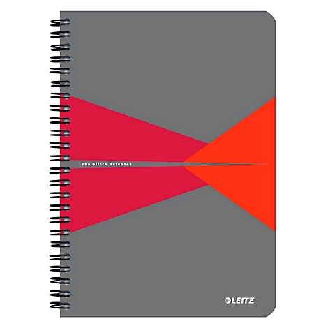 Cahier gris avec un design rouge et orange. Reliure à spirale, texte : "The Office Notebook", logo : Leitz.