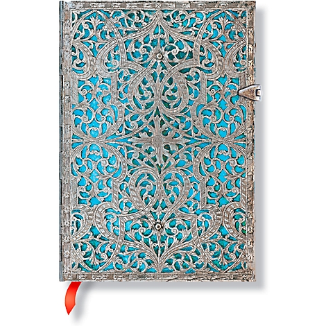 Un livre avec une couverture en argent finement conçue avec un fond turquoise. Fil rouge comme marque-page.