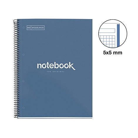 Cahier bleu avec reliure spirale et lettrage "notebook". Détails de la feuille intérieure avec motif quadrillé dans un cercle.