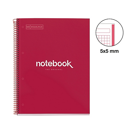 Cahier rouge à spirales. Texte blanc 'notebook'. Dans un cercle : détail du papier quadrillé.