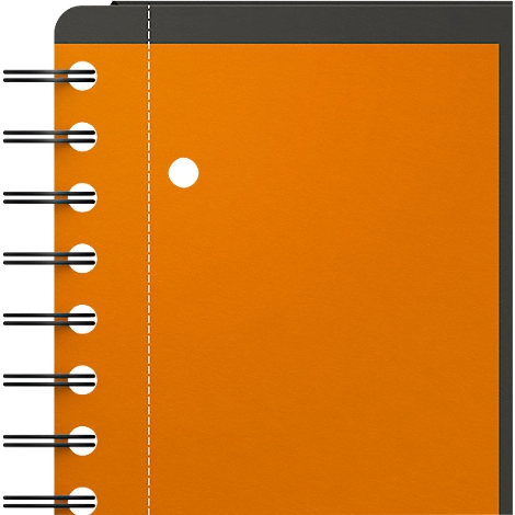 Cahier orange avec couverture noire et spirale. Pages agrafées avec ligne perforée.