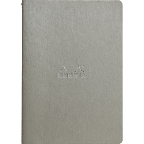 Carnet gris avec logo en relief. La surface présente une structure fine.