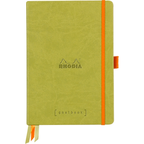 Carnet vert clair avec élastique orange et marque-page. On y trouve les mots "RHODIA" et "goalbook".