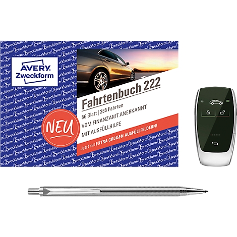 La photo montre un carnet de bord, une clé de voiture et un stylo. Le livre indique "Fahrtenbuch 222" et "Vom Finanzamt anerkannt". La clé de voiture est noire et argentée.