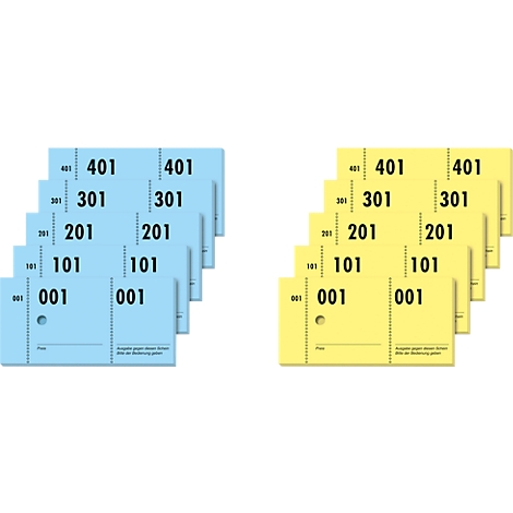 Billets bleus et jaunes avec des numéros noirs : 001, 101, 201, 301, 401.