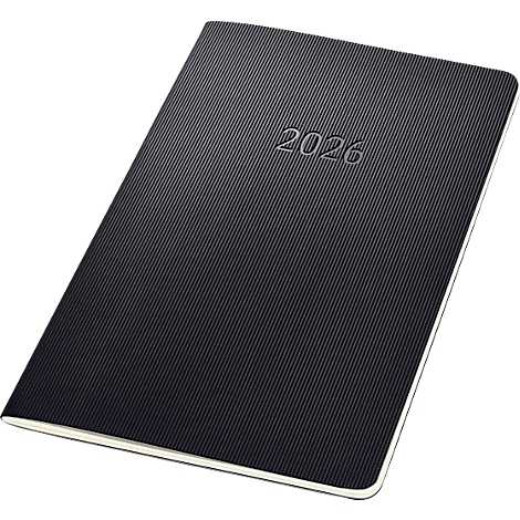 Un carnet noir avec un motif côtelé en diagonale, avec l'année 2026 en relief sur la couverture.