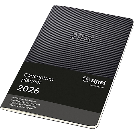 Carnet Conceptum planner 2026 noir, photographié en diagonale d'en haut. Impression "2026".