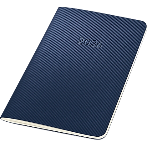 Cahier bleu avec l'année 2026, surface côtelée.
