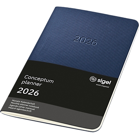 Agenda Conceptum bleue pour 2026 avec année en relief. Bande noire avec texte et logo.
