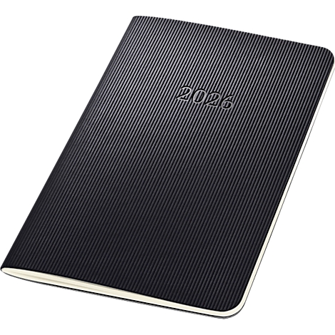 Cahier noir avec gaufrage 2026, surface côtelée.