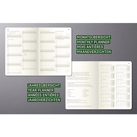 Un carnet ouvert affiche des aperçus mensuels et annuels en différentes langues. Fond gris, texte vert.