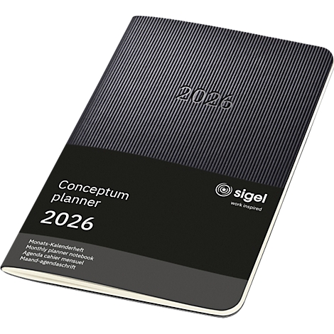 Agenda noire 2026 avec 'Conceptum planner' et logos 'sigel'.