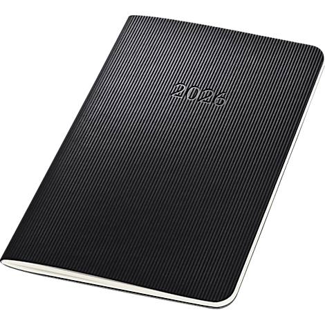 Cahier noir avec texture diagonale et l'année "2026" en relief.