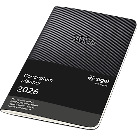 Agenda noire avec inscription en relief '2026' et texte 'Conceptum planner'.
