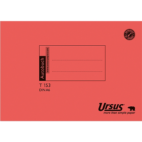 Cahier rouge avec l'inscription 'Autobuch', texte et logo 'Ursus'.
