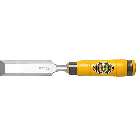 Close-up of a chisel with a yellow handle and company logo. The metal is silver, the handle yellow with black and brown accents.