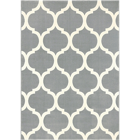 Gray carpet with a repeating white, arabesque-like pattern.