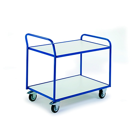 Carro de servicio azul con dos estantes blancos y ruedas.