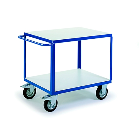 Carro de servicio azul con dos estantes blancos. Con asa y ruedas.