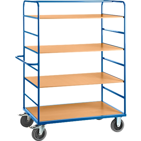 Carro de almacenamiento rodante azul con cuatro estantes de madera.