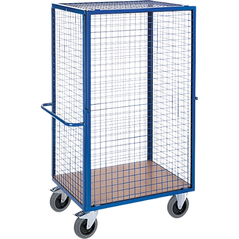 Carro de rejilla azul con cuatro ruedas, carro de transporte con placa de madera.