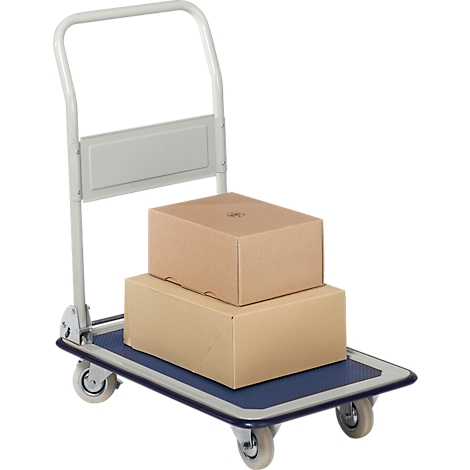 Un carro de transporte gris con dos cajas de cartón marrones. El carro tiene cuatro ruedas y un asa.