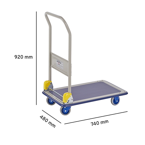 Carro de transporte gris con plataforma de carga azul y ruedas amarillas. Las dimensiones indicadas son: 920 mm de alto, 740 mm de largo, 480 mm de ancho.