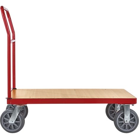 Carro de transporte rojo con plataforma de madera, ruedas grises y asa.