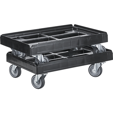 Dos carritos de transporte negros con ruedas, apilados uno encima del otro.