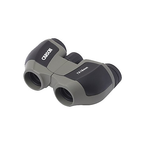 Kompaktes Fernglas von Carson in Grau und Schwarz mit 7x18mm Vergrößerung.