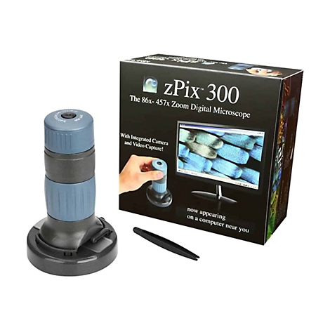 Digitales Mikroskop zPix 300 neben seiner Verpackung und einer Pinzette auf weißem Hintergrund.