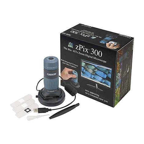 Digitales Carson zPix 300 Mikroskop mit Zubehör und Produktverpackung vor weißem Hintergrund.