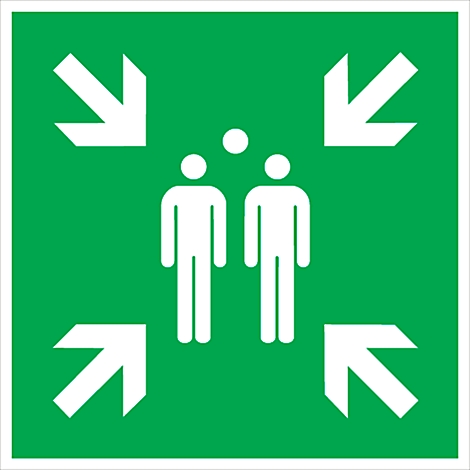 Señal de seguridad verde con flechas blancas que apuntan a dos personas y un punto.