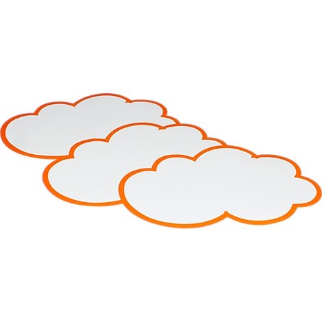 Trois nuages blancs avec un bord orange sur fond blanc.