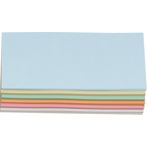Une pile de feuilles de papier colorées, avec le bleu comme feuille supérieure. En dessous se trouvent une série d'autres feuilles de différentes couleurs.