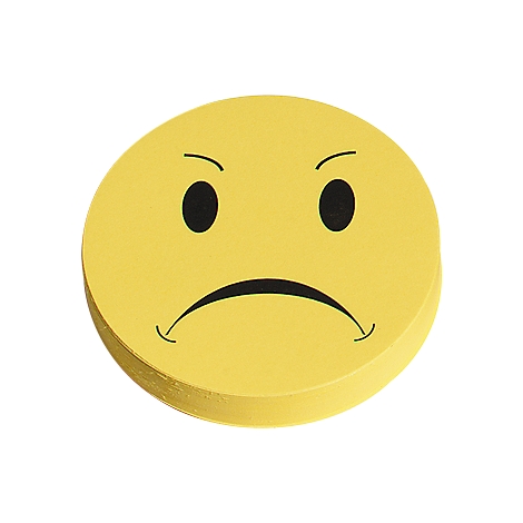Bloc-notes ronds jaunes avec un visage de smiley grincheux.