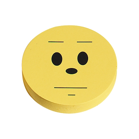 Bloc-notes rond jaune avec expression faciale : yeux, nez et bouche, légèrement sceptique.