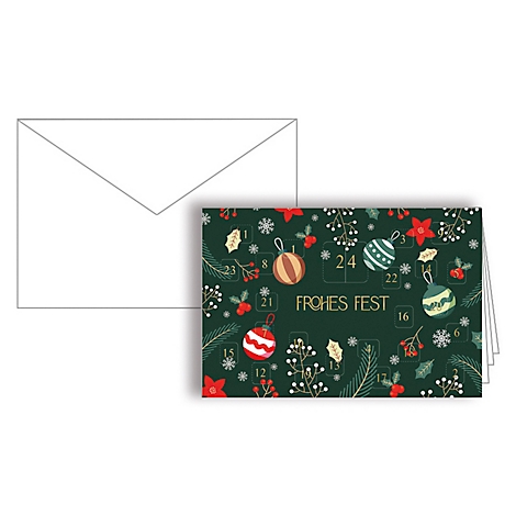 Calendrier de l'Avent avec un motif de Noël et l'inscription "Frohes Fest", à côté d'une enveloppe blanche.