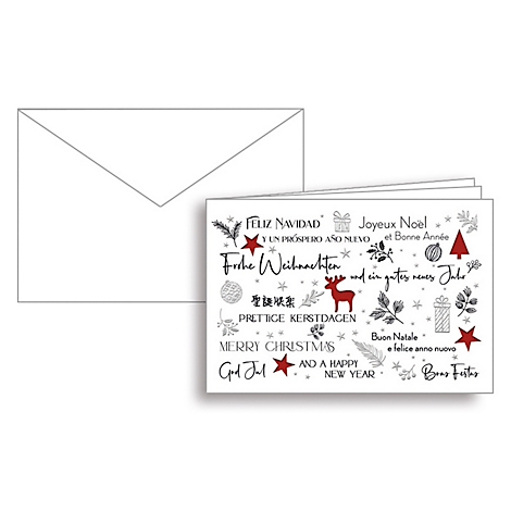 Cartes de Noël avec des vœux dans différentes langues, à côté d'une enveloppe blanche.