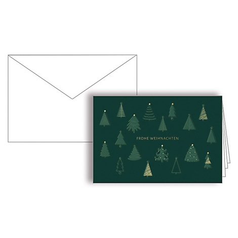 Carte de Noël avec des motifs de sapins et l'inscription 'Frohe Weihnachten'. En arrière-plan, une enveloppe blanche.