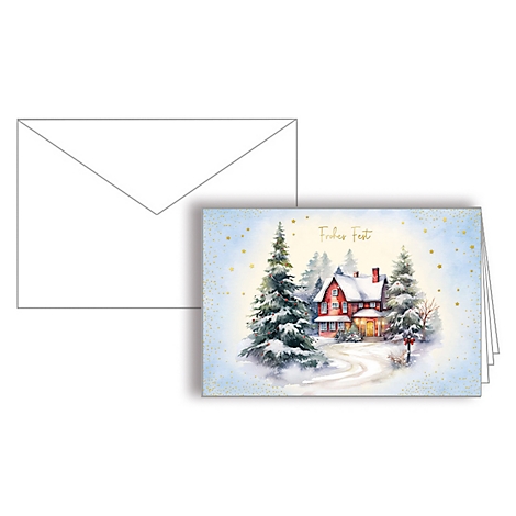 Carte de Noël avec maison d'hiver, arbres et neige. Texte: Frohe Fest!. Plus une enveloppe blanche.