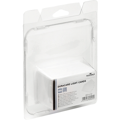 Cartes blanches dans un emballage transparent, DURACARD LIGHT CARDS. Texte et code-barres.