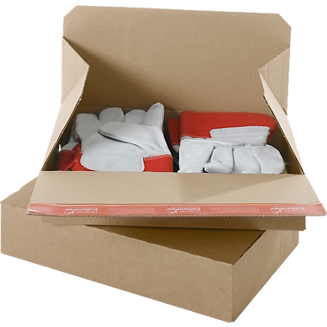 Boîte d'expédition ouverte avec des gants de travail. La boîte est en carton brun, les gants blancs et rouges.
