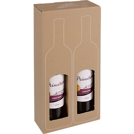 Deux bouteilles de vin dans une boîte avec des découpes. Les étiquettes indiquent "Primitivo Trocken".