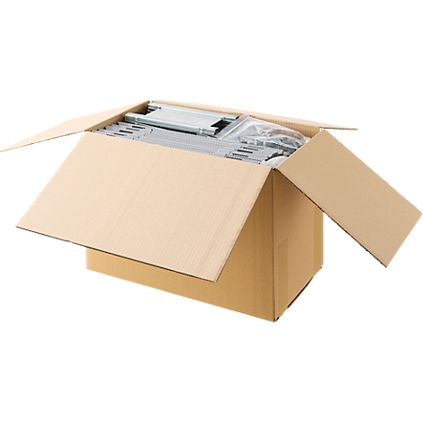 Boîte en carton marron ouverte avec contenu, probablement des pièces de meubles.