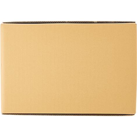 Boîte rectangulaire en carton brun avec bord ondulé.